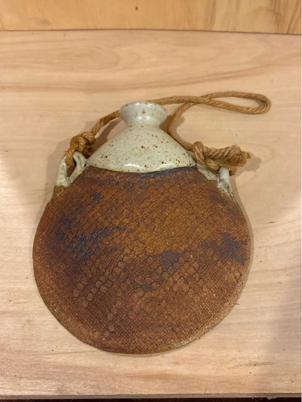 Vintage Comanche Pottery Texas Clay Pilgrim Flask Hanging Canteen Rope Signed
